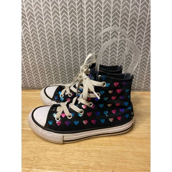 Converse Chuck Taylor Black High Tops with multicolored hearts - Picture 7 of 11